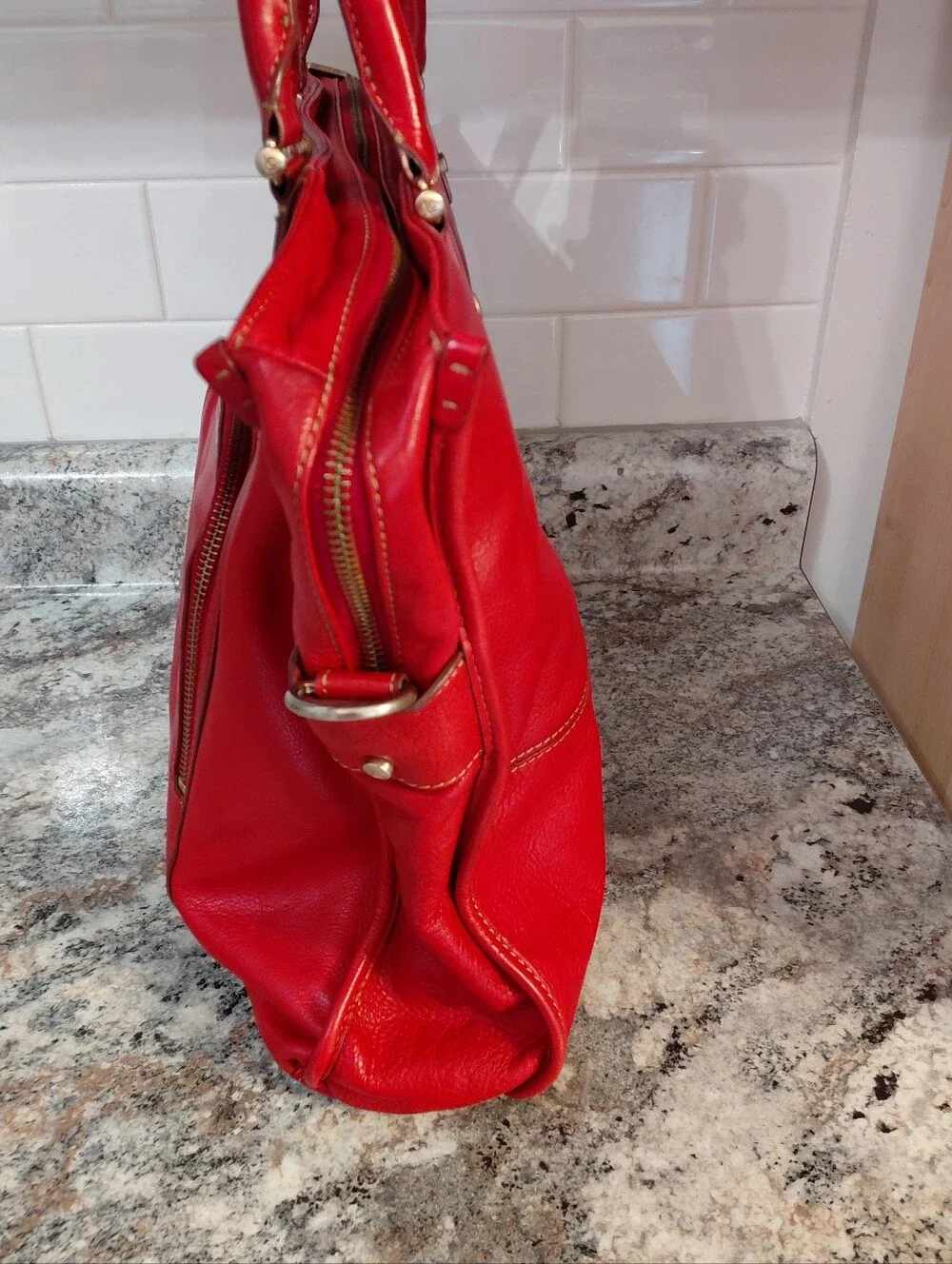 Liz Claiborne Red Leather Work Computer Tote Bag With Gold Hardware